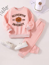 2pcs/Set Young Girl Funny Slogan Pumpkin Smiling Face Print Hoodie And Sweatpants Casual Set, Autumn Winter